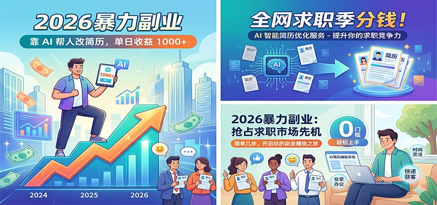 2026暴力副业：靠AI帮人改简历，单日收益1000+，全网求职季分钱-云网创